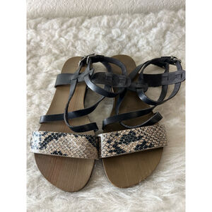 NINE WEST Black Snakeskin Strappy Leather Ankle Wrap Buckle Dressy Sandals 8.5M